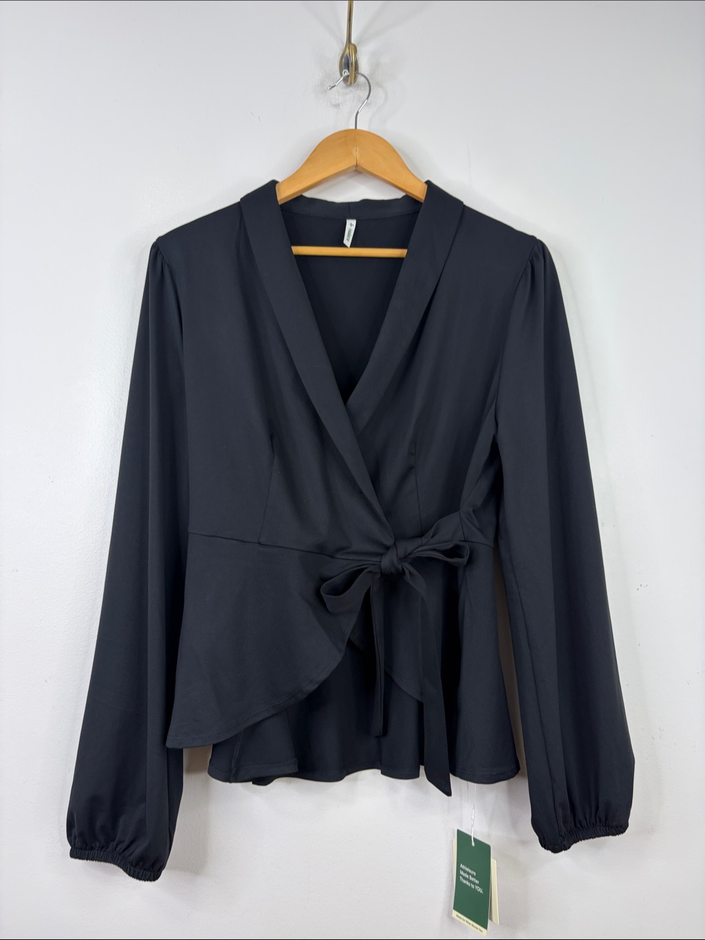 New Halara Wrap Blouse Womens Xl Black Satin Jersey Puff Long Sleeve Dressy Top
